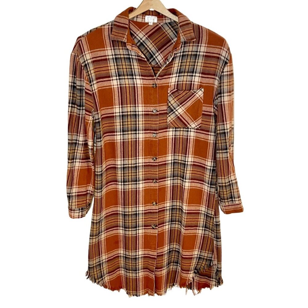 Dizzy Lizzy Flannel Tunic Shirt Dress Size Medium Autumnal Plaid Boho Hay Ride